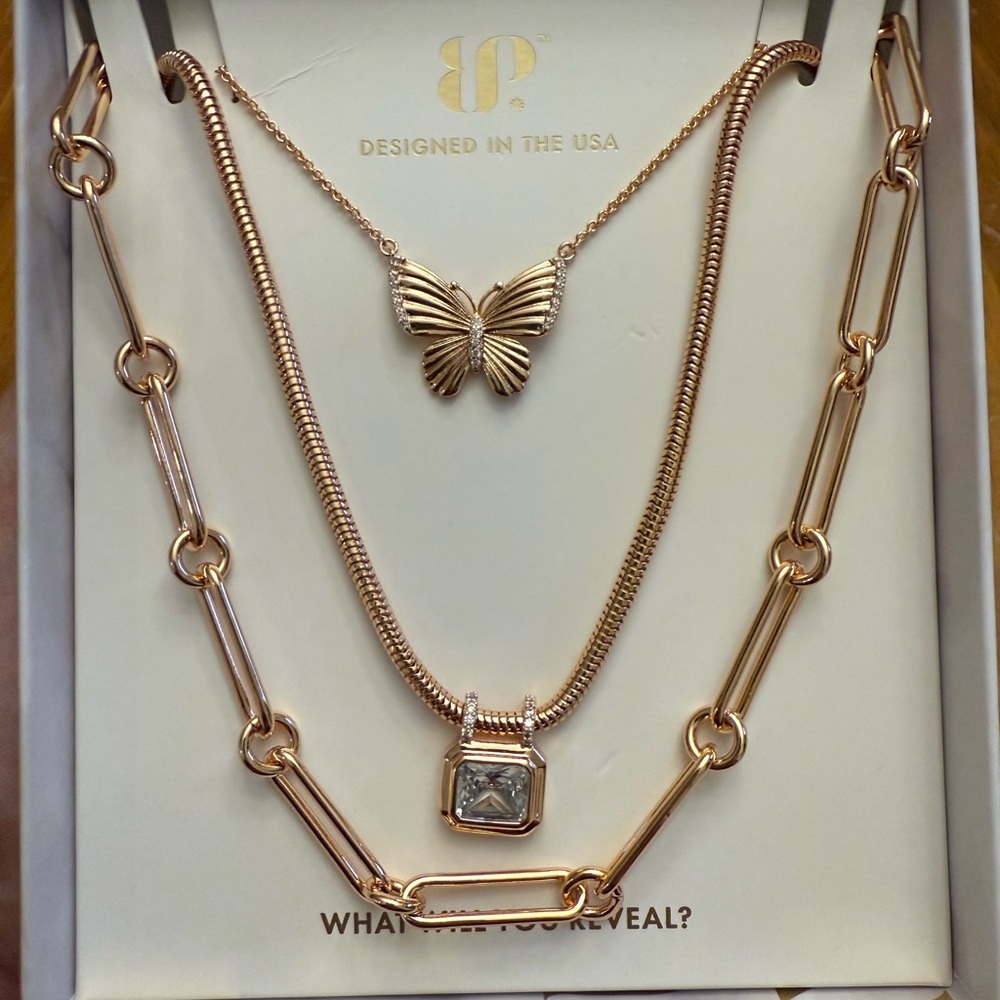Bomb Party Luxe Layers 2025 necklace- Soaring Skies. Rose Gold. Butterfly.